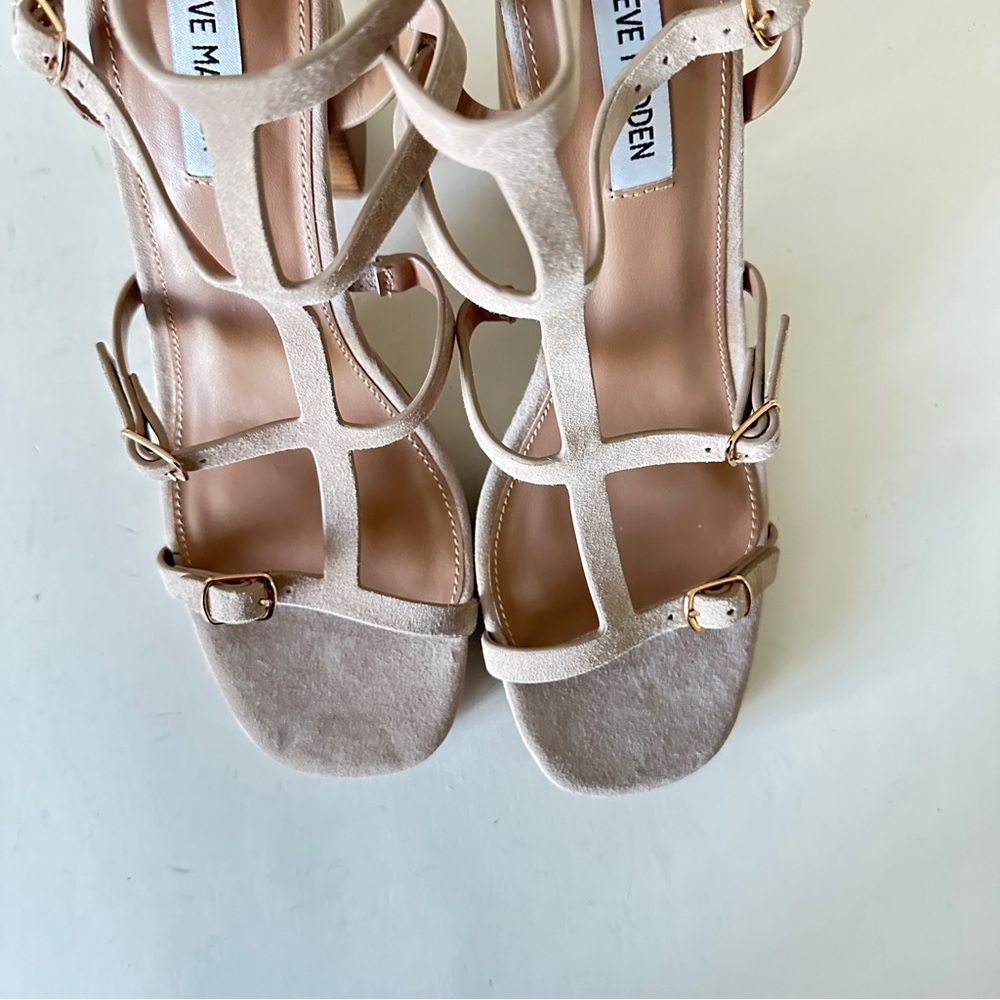 NEW Steve Madden Daelene Tan Suede Strappy Block Heel Platform Sandals, Sz 9M - Picture 11 of 16